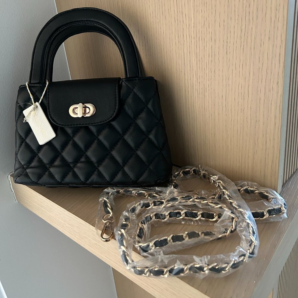 NEW BILLINI Quilted Black Faux Leather Mini Handbag Detachable Chain Crossbody - Picture 2 of 7